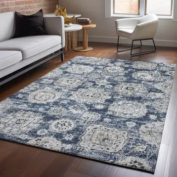 9' X 12' Navy Blue And Ivory Floral Washable Area Rug With UV Protection
