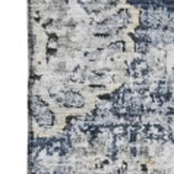 9' X 12' Navy Blue And Ivory Floral Washable Area Rug With UV Protection