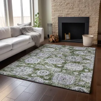 3' X 5' Olive Green Purple And Ivory Floral Washable Area Rug With UV Protection