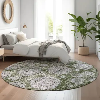 8' Olive Green Purple And Ivory Floral Washable Round Rug With UV Protection
