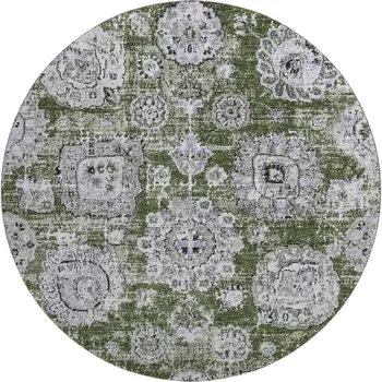 8' Olive Green Purple And Ivory Floral Washable Round Rug With UV Protection
