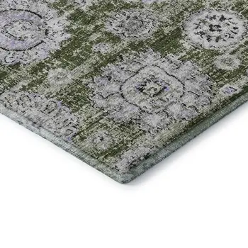 8' Olive Green Purple And Ivory Floral Washable Round Rug With UV Protection