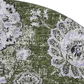 8' Olive Green Purple And Ivory Floral Washable Round Rug With UV Protection