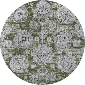 8' Olive Green Purple And Ivory Floral Washable Round Rug With UV Protection