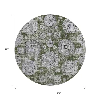 8' Olive Green Purple And Ivory Floral Washable Round Rug With UV Protection