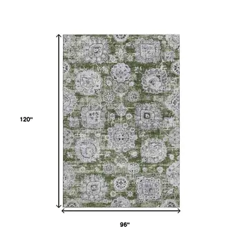 8' X 10' Olive Green Purple And Ivory Floral Washable Area Rug With UV Protection