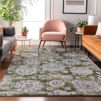 9' X 12' Olive Green Purple And Ivory Floral Washable Area Rug With UV Protection