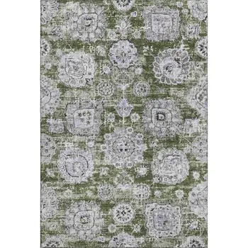 9' X 12' Olive Green Purple And Ivory Floral Washable Area Rug With UV Protection
