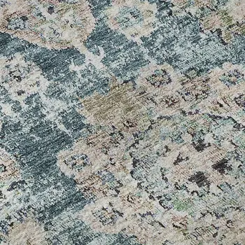 3' X 5' Teal And Beige Floral Washable Area Rug With UV Protection