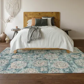 3' X 5' Teal And Beige Floral Washable Area Rug With UV Protection