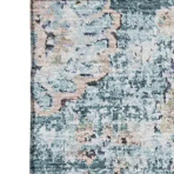 5' X 8' Teal And Beige Floral Washable Area Rug With UV Protection