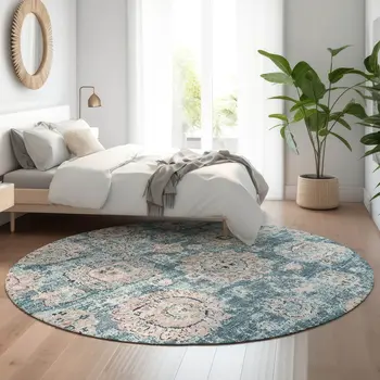 8' Teal And Beige Floral Washable Round Rug With UV Protection