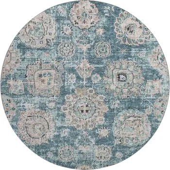 8' Teal And Beige Floral Washable Round Rug With UV Protection