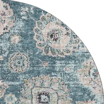 8' Teal And Beige Floral Washable Round Rug With UV Protection