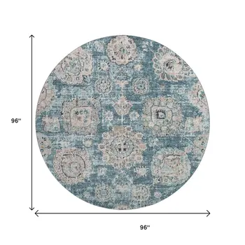 8' Teal And Beige Floral Washable Round Rug With UV Protection