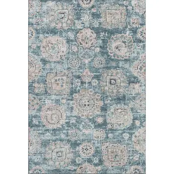 8' X 10' Teal And Beige Floral Washable Area Rug With UV Protection