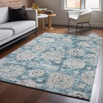 10' X 14' Teal And Beige Floral Washable Area Rug With UV Protection