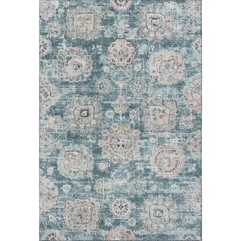 10' X 14' Teal And Beige Floral Washable Area Rug With UV Protection