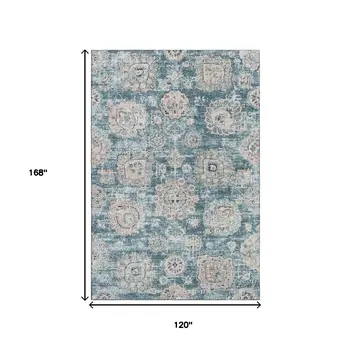 10' X 14' Teal And Beige Floral Washable Area Rug With UV Protection