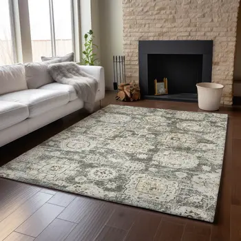 3' X 5' Taupe And Beige Floral Washable Area Rug With UV Protection