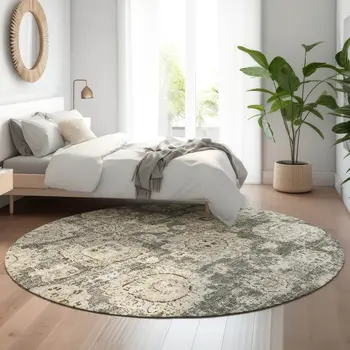 8' Taupe And Beige Floral Washable Round Rug With UV Protection