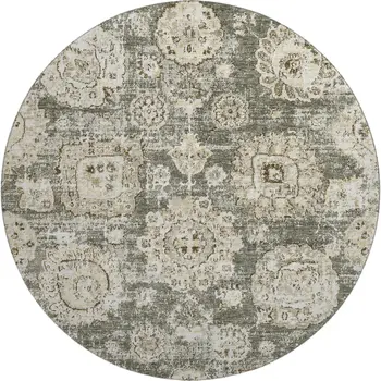 8' Taupe And Beige Floral Washable Round Rug With UV Protection