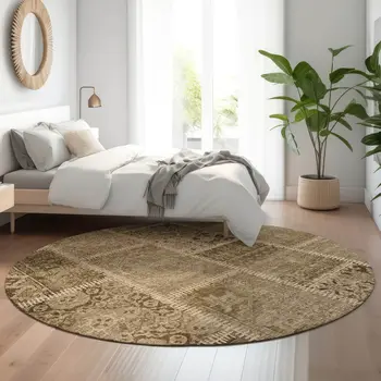 8' Brown And Beige Patchwork Washable Round Rug With UV Protection