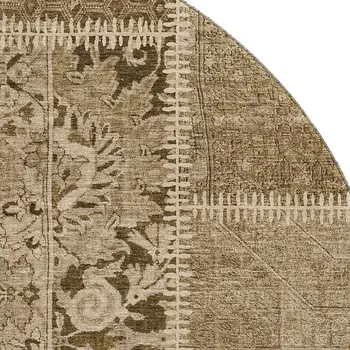 8' Brown And Beige Patchwork Washable Round Rug With UV Protection