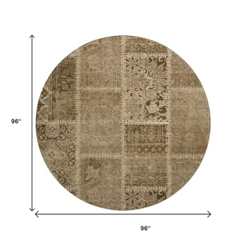 8' Brown And Beige Patchwork Washable Round Rug With UV Protection