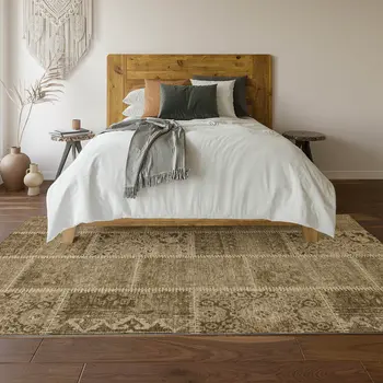 8' X 10' Brown And Beige Patchwork Washable Area Rug With UV Protection