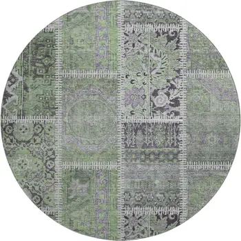 8' Green And Purple Patchwork Washable Round Rug With UV Protection