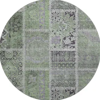 8' Green And Purple Patchwork Washable Round Rug With UV Protection