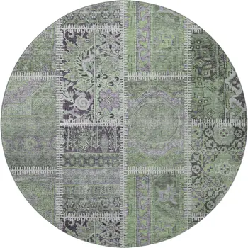 8' Green And Purple Patchwork Washable Round Rug With UV Protection