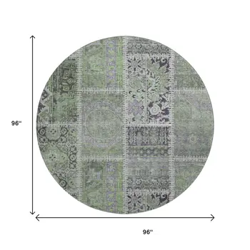 8' Green And Purple Patchwork Washable Round Rug With UV Protection