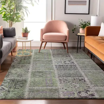 9' X 12' Green And Purple Patchwork Washable Area Rug With UV Protection