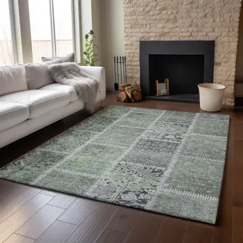 9' X 12' Green And Purple Patchwork Washable Area Rug With UV Protection