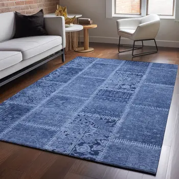 3' X 5' Navy Blue And Ivory Patchwork Washable Area Rug With UV Protection