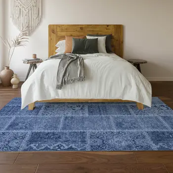 3' X 5' Navy Blue And Ivory Patchwork Washable Area Rug With UV Protection