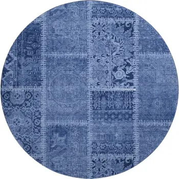 8' Navy Blue And Ivory Patchwork Washable Round Rug With UV Protection