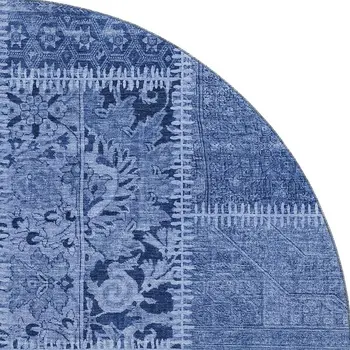 8' Navy Blue And Ivory Patchwork Washable Round Rug With UV Protection