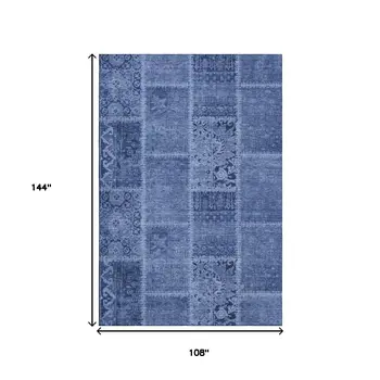 9' X 12' Navy Blue And Ivory Patchwork Washable Area Rug With UV Protection