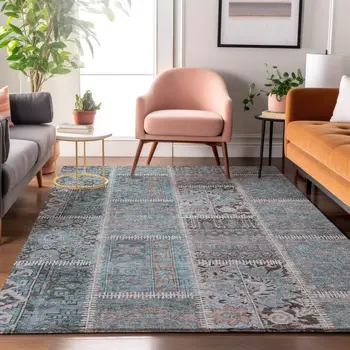 3' X 5' Teal And Beige Patchwork Washable Area Rug With UV Protection