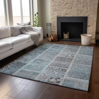 3' X 5' Teal And Beige Patchwork Washable Area Rug With UV Protection