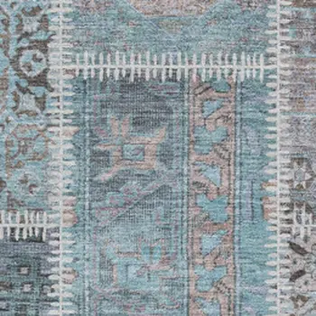 3' X 5' Teal And Beige Patchwork Washable Area Rug With UV Protection