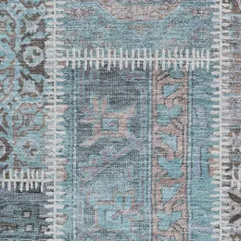 5' X 8' Teal And Beige Patchwork Washable Area Rug With UV Protection