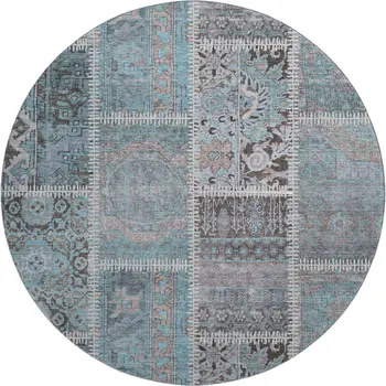 8' Teal And Beige Patchwork Washable Round Rug With UV Protection