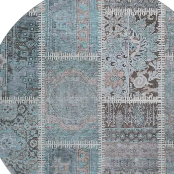 8' Teal And Beige Patchwork Washable Round Rug With UV Protection