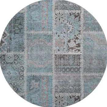 8' Teal And Beige Patchwork Washable Round Rug With UV Protection