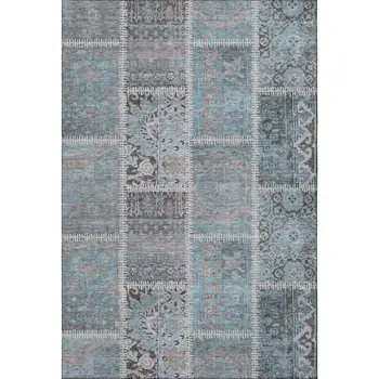 10' X 14' Teal And Beige Patchwork Washable Area Rug With UV Protection