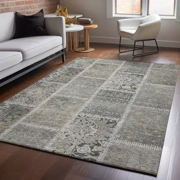 3' X 5' Taupe And Ivory Patchwork Washable Area Rug With UV Protection